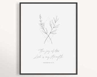 Joy of the Lord is my Strength, Nehemiah 8:10, Modern Christian Home Decor, Scripture Printable, Christian Wall Art, Bible Verse Print