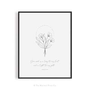 May include: Black and white line art print of a floral bouquet with the text "Your word is a lamp to my feet and a light to my path" and "PSALM 119:105".