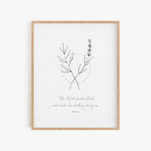 The Word Became Flesh, John 1:14, Christmas Minimalist Bible Verse Print, Aesthetic Christian Christmas Decor, Christmas Botanical Wall Art