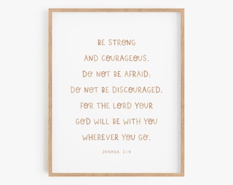 Josué 1:9, Versículo bíblico de la guardería, Arte del muro de las Escrituras para niños, Regalo de baby shower cristiano, Decoración de guardería cristiana boho, Sé fuerte y valiente