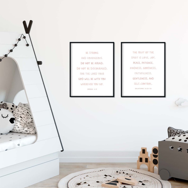 Nursery Bible Verse, Nursery Scripture, Christian Kids Decor, Pink Bible Verse, Girl Nursery, Joshua 1:9, Fruit of the Spirit, Set of 2 image 7