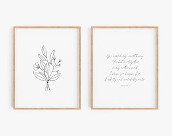 Ensemble de 2, Fearfully and Wonderfully Made, Nursery Bible Verse, Nursery Scripture Wall Art, Minimalist Nursery Prints, Girl Nursery Decor