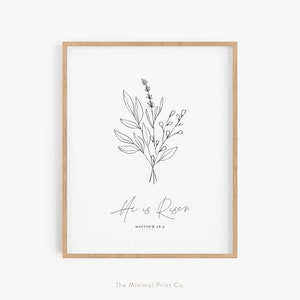 He is Risen, Easter Scripture Print, Easter Bible Verse, Botanical Easter Decor, Minimal Easter Decor, Modern Easter Printable, Matthew 28:6