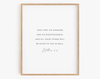 Matteo 6:33, Cerca prima il suo regno, Stampe cristiane, Bibbia Versetto Wall Art, Arte del Muro Cristiano, Scrittura Moderna, Arredamento ufficio cristiano