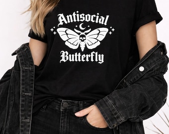 Camiseta antisocial con estampado de mariposa, camiseta gótica