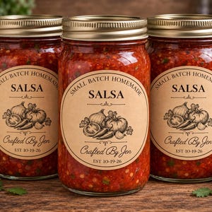 May include: Three glass jars filled with red salsa, each featuring a tan oval label. The label text reads Small Batch Homemade, Salsa, Crafted By Jen, and Est 10-19-26, accompanied by a black and white illustration of tomatoes, onions, and peppers.