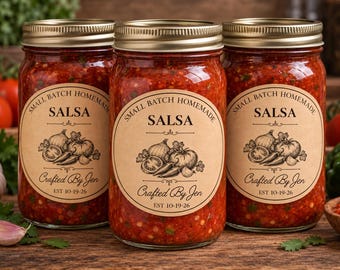 May include: Three glass jars filled with red salsa, each featuring a tan oval label. The label text reads Small Batch Homemade, Salsa, Crafted By Jen, and Est 10-19-26, accompanied by a black and white illustration of tomatoes, onions, and peppers.