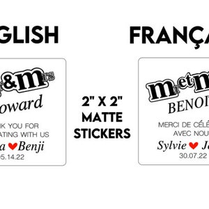 M & M's Custom Labels for Wedding Favours, Mr and Mrs Wedding Stickers for Sweets Tables, English or French Stickers for Wedding, Engagement