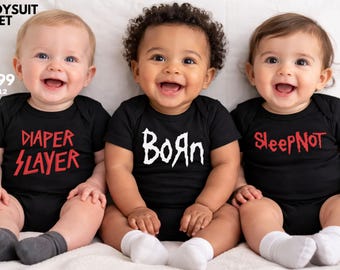 Paquete de metal para bebé: set de regalo de 3 bodies negros para bebé: Born/ Diaper Slayer/ Sleepnot