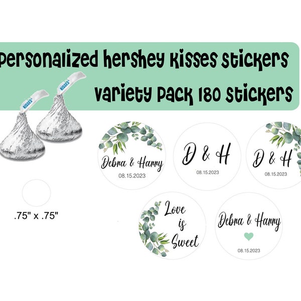 180 Count Personalized Hershey's Kisses Stickers, Eucalyptus Greenery Design Kisses Variety Pack -Weddings, Engagement, Bachelorette Favours