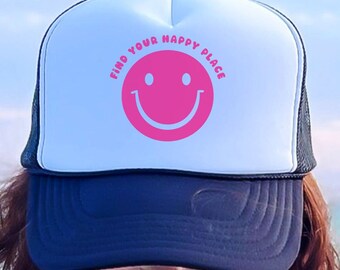 Chapéu de caminhoneiro com rosto sorridente, ideia de presente de boa vibração para ela, boné de caminhoneiro feliz e positivo, presentes edificantes, chapéu de caminhoneiro de espuma de verão, boné de rosto sorridente