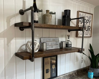 Industrial Wall Mounted Black Pipe Shelving | Open Bookshelf | Kitchen Storage | Industrial Pipe Shelf | Wall Mounted Shelf