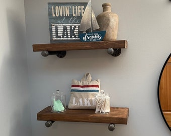Rustic Wood Floating Shelf - Black Pipe Bracket, Farmhouse Shelving