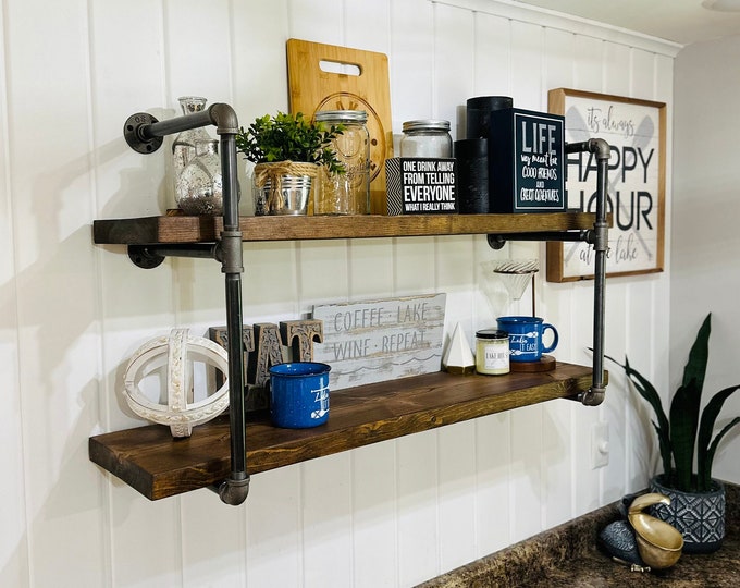 Industrial Wall Mounted Black Pipe Shelving | Open Bookshelf | Kitchen Storage | Industrial Pipe Shelf | Wall Mounted Shelf