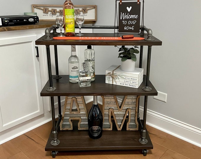 Industrial Bar Cart | Rolling Coffee Cart | Kitchen Storage Cart | Wood Beverage Cart | Rustic Farmhouse Kitchen | Utility Kitchen Cart