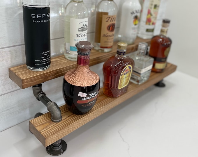Freestanding Liquor Shelf | Industrial Bar Display | Liquor Bottle Display | Wood Wine Shelf | Bar Organization | Tiered Bottle Shelf
