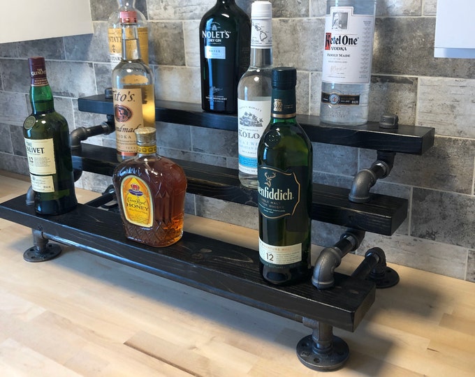 Freestanding Liquor Shelf | Industrial Bar Display | Liquor Bottle Display | Wood Wine Shelf | Bar Organization | Tiered Bottle Shelf