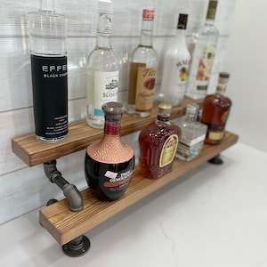 Freestanding Liquor Shelf | Industrial Bar Display | Liquor Bottle Display | Wood Wine Shelf | Bar Organization | Tiered Bottle Shelf
