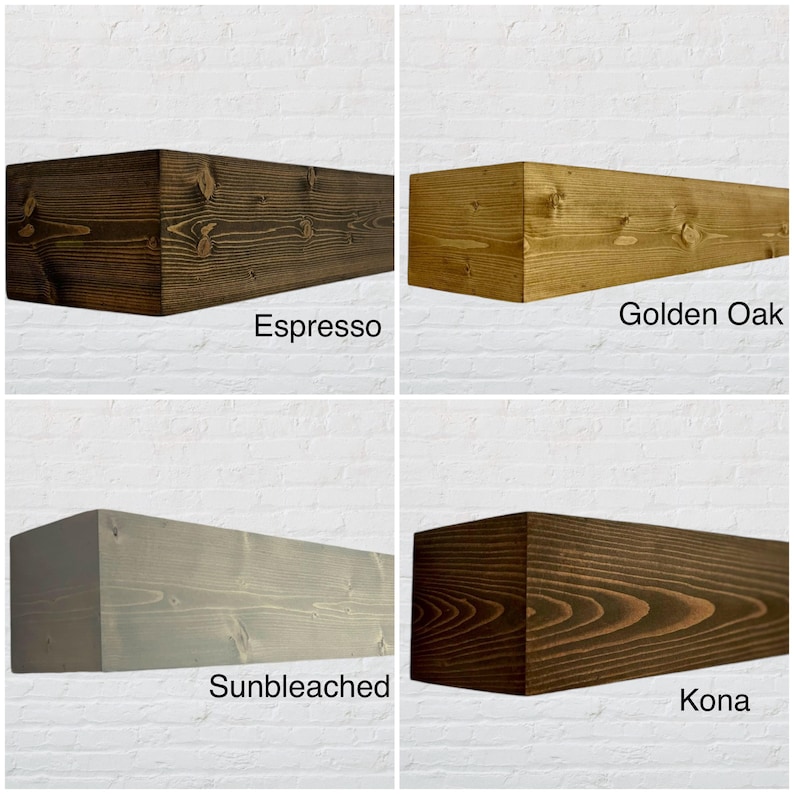 Op de afbeelding: Vier houten schouwmantelplankstalen in verschillende beitskleuren: Espresso, Golden Oak, Sunbleached en Kona.