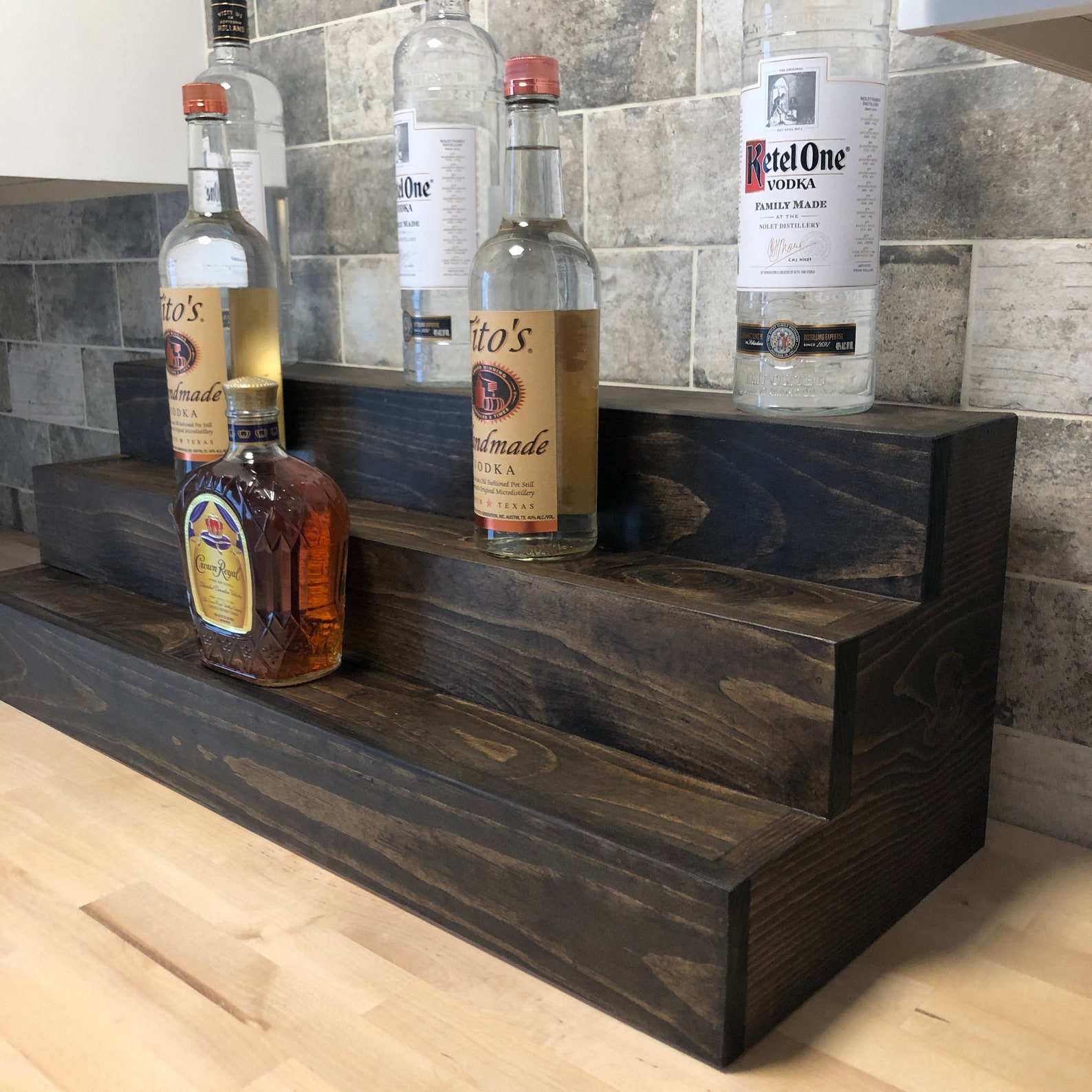 Tiered Bottle Display Wood Liquor Shelves Rustic Bar Etsy