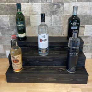 Handmade Tiered Wood Liquor Display – Rustic Bar Shelf