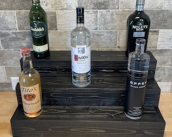 Handmade Tiered Wood Liquor Display – Rustic Bar Shelf
