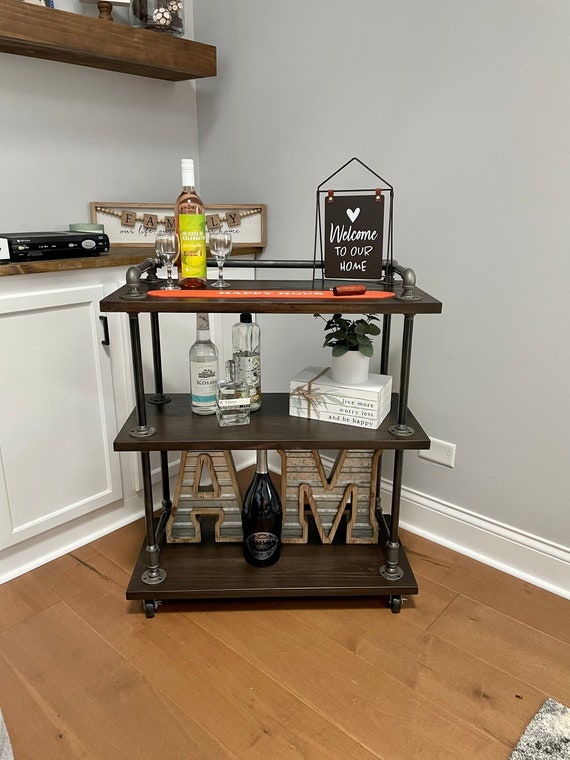 Gray Rustic Industrial Rolling Wheels Bar Cart w/Bottle Holder & Wine Glass  Rack