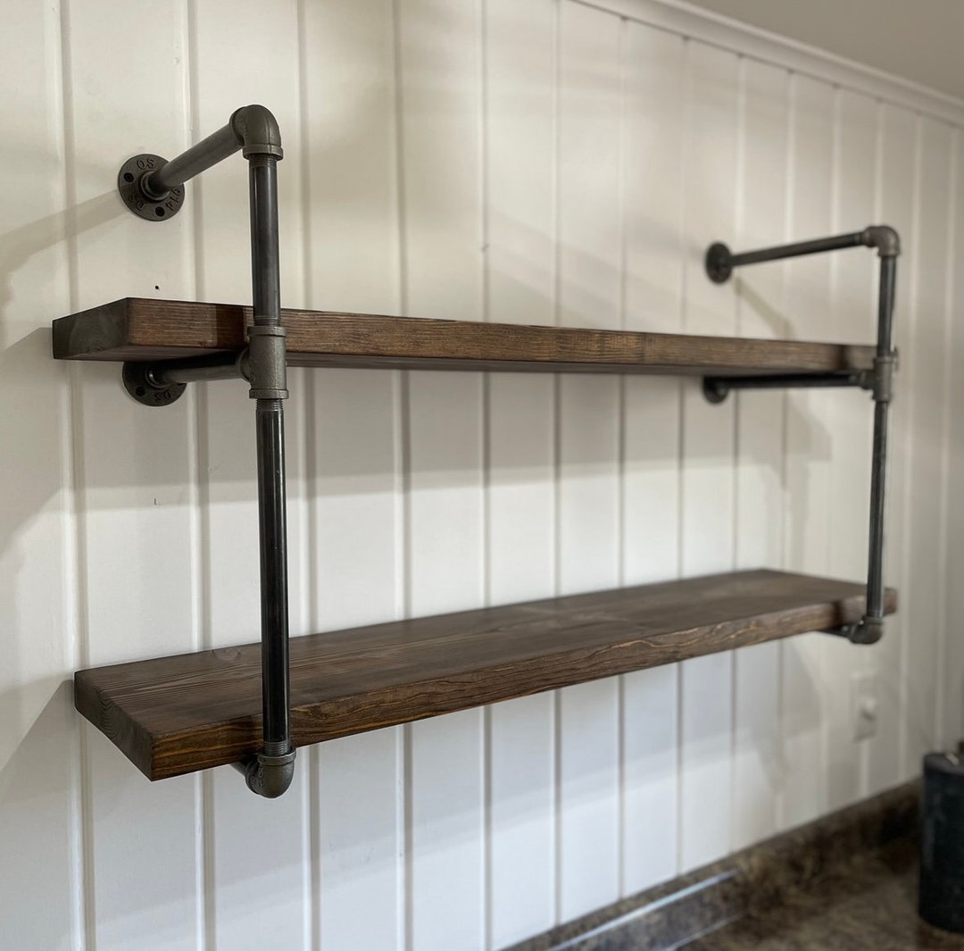 Industrial Wall Mounted Black Pipe Shelving Open Bookshelf Kitchen