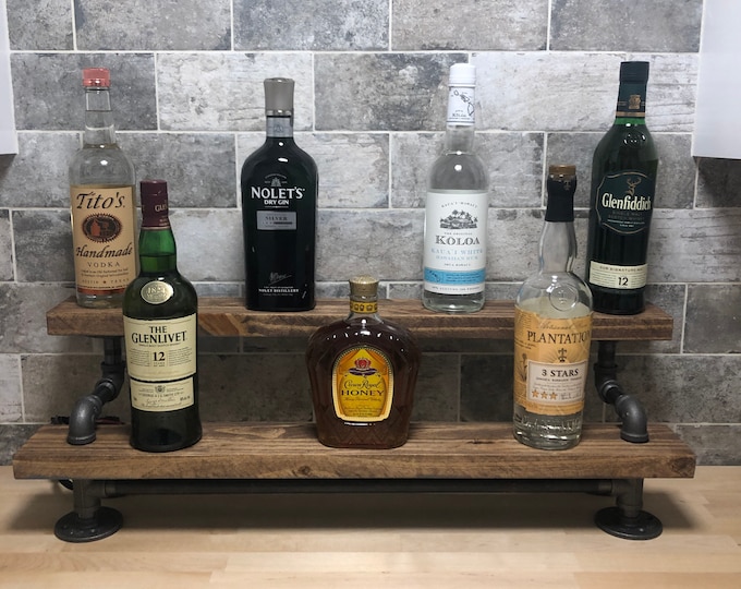 Freestanding Industrial Tiered Bar Shelving, Tiered Bottle Display, Black Pipe Bar Organizer, Whiskey Display