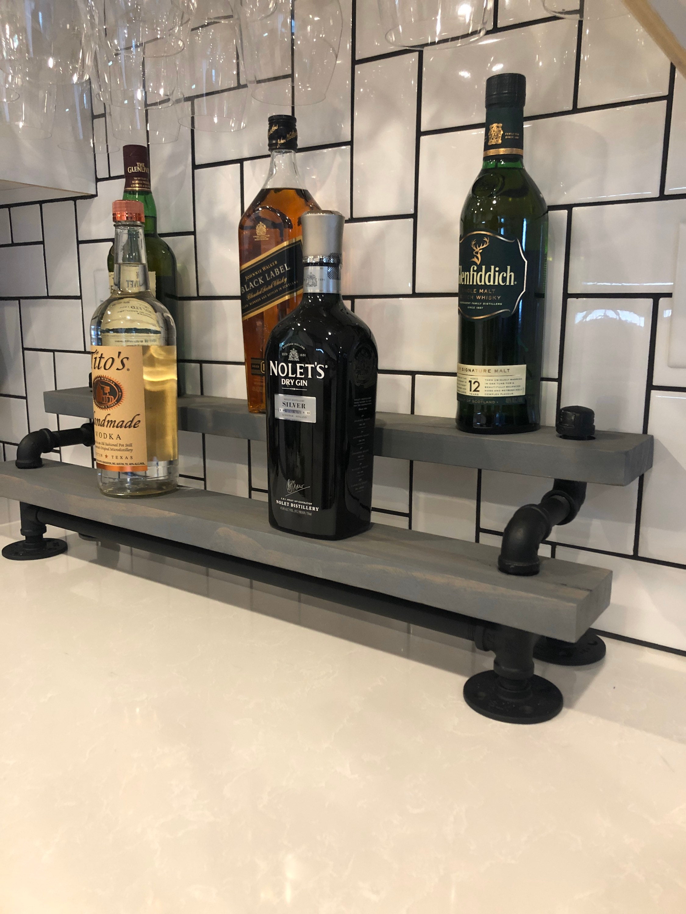 Freestanding Black Pipe Tiered Liquor Shelving, Bar Display, Kitchen