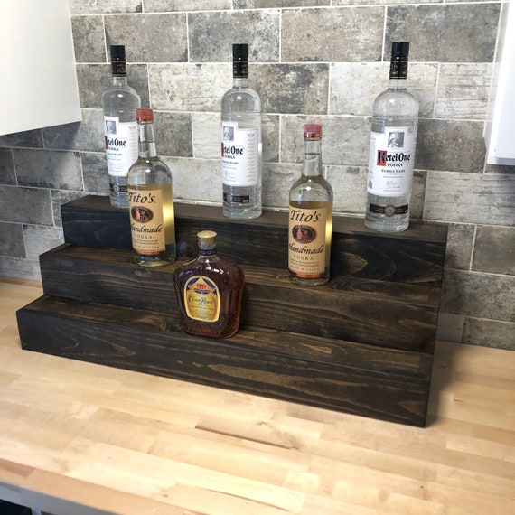 Tiered Bottle Display Wood Liquor Shelves Rustic Bar Etsy