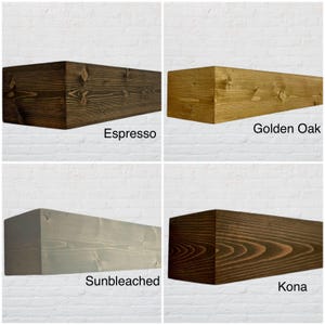 May include: Four wooden beams in different colors: Espresso, Golden Oak, Sunbleached, and Kona. Each beam is rectangular with visible wood grain and a square end. The names of the colors are written below each beam against a white brick background.