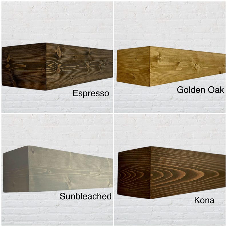 May include: Four wooden beams in different colors: Espresso, Golden Oak, Sunbleached, and Kona. Each beam is rectangular with visible wood grain and a square end. The names of the colors are written below each beam against a white brick background.