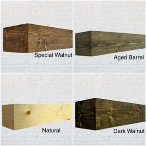 May include: Four wooden beams in different finishes: Special Walnut, Aged Barrel, Natural, and Dark Walnut. Each beam is rectangular and shows the wood grain. The names of the finishes are printed below each beam.