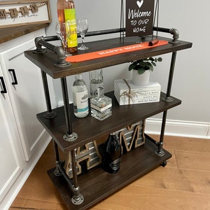 Industrial Bar Cart Rolling Coffee Cart Kitchen Storage Cart Wood Beverage Cart Rustic Farmhouse Kitchen Utility Kitchen Cart image 2