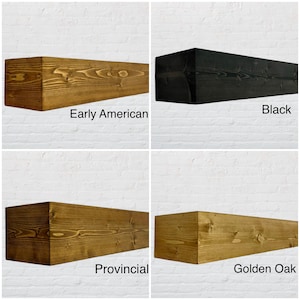Op de afbeelding: Vier verschillende houtbeitskleuren voor een nep houten balk. De kleuren zijn Early American, Zwart, Provinciaal en Golden Oak.