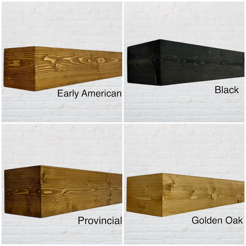 Op de afbeelding: Vier verschillende houtbeitskleuren voor een nep houten balk. De kleuren zijn Early American, Zwart, Provinciaal en Golden Oak.