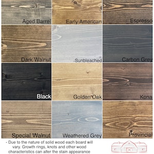 Puede incluir: Una tabla de colores de tinte para madera con nombres como Aged Barrel, Early American, Espresso, Dark Walnut, Sunbleached, Carbon Grey, Black, Golden Oak, Kona, Special Walnut, Weathered Grey y Provincial. El texto debajo de la tabla dice: "Debido a la naturaleza de la madera maciza, cada tabla ser&aacute; diferente. Los anillos de crecimiento, los nudos y otras caracter&iacute;sticas de la madera pueden alterar la apariencia del tinte. Los colores son solo de referencia, la configuraci&oacute;n de la pantalla y la iluminaci&oacute;n afectan la apariencia de los colores." El texto debajo de la tabla tambi&eacute;n incluye el logotipo "RED BARN DESIGNS".