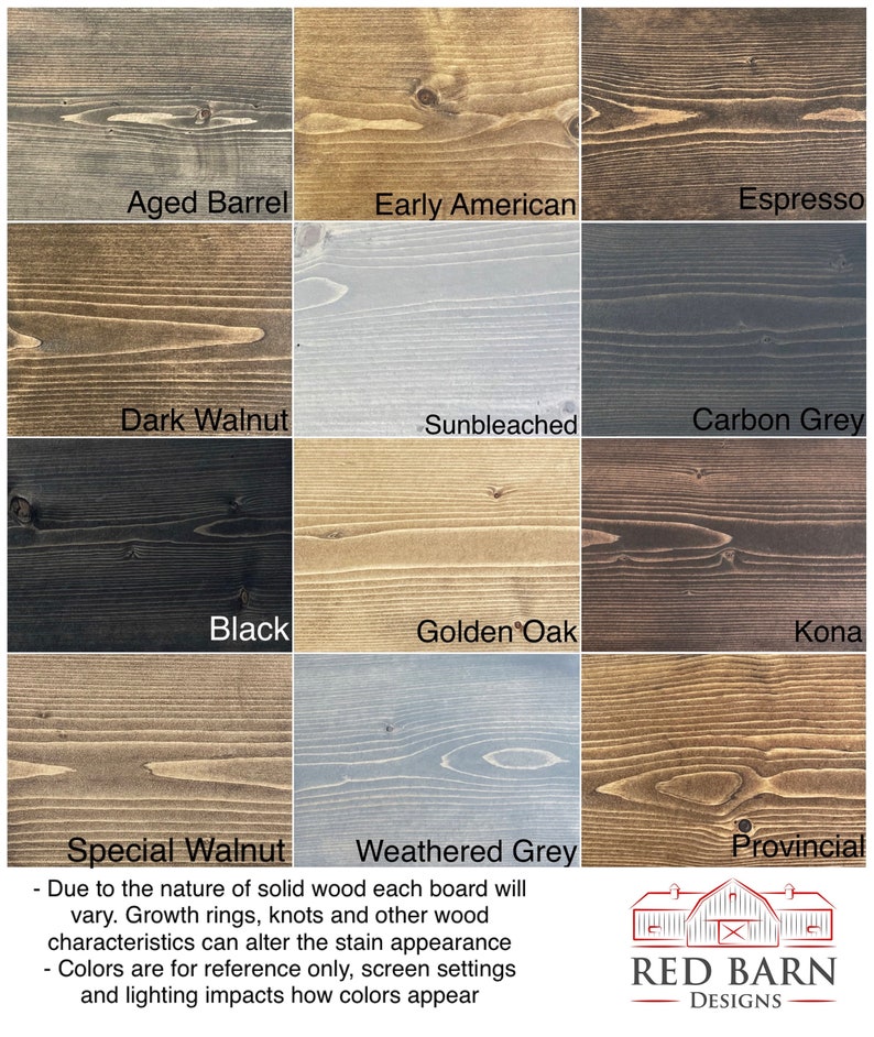 Puede incluir: Una tabla de colores de tinte para madera con nombres como Aged Barrel, Early American, Espresso, Dark Walnut, Sunbleached, Carbon Grey, Black, Golden Oak, Kona, Special Walnut, Weathered Grey y Provincial. El texto debajo de la tabla dice: "Debido a la naturaleza de la madera maciza, cada tabla ser&aacute; diferente. Los anillos de crecimiento, los nudos y otras caracter&iacute;sticas de la madera pueden alterar la apariencia del tinte. Los colores son solo de referencia, la configuraci&oacute;n de la pantalla y la iluminaci&oacute;n afectan la apariencia de los colores." El texto debajo de la tabla tambi&eacute;n incluye el logotipo "RED BARN DESIGNS".