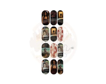 May include: A set of twelve vertical nail decals featuring various photographic scenes, including portraits of individuals, a silhouette against a doorway, a red rose, and rectangular labels with red text reading "BOTTOM FEEDER" and "EAT ME."