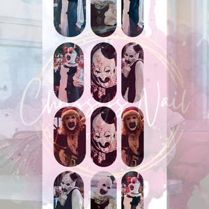 May include: A sheet of nail art stickers featuring images of a scary clown with white face paint, a black and white outfit, and a red Santa hat. The stickers are in an oval shape and are arranged in rows and columns.