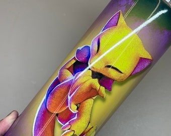 May include: A cylindrical tumbler with a vibrant design featuring a yellow and purple creature. The artwork wraps around the tumbler, showcasing the creature in a sleeping pose. The background transitions from yellow to purple and green.