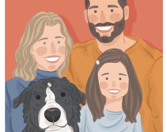 May include: A family portrait featuring a man, woman, and child with a black and white dog. The man is wearing a yellow shirt, the woman is wearing a blue shirt, and the child is wearing a light blue dress. The dog is sitting in front of the family.