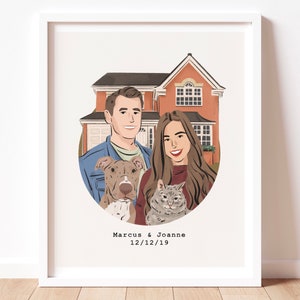 Portrait de famille personnalisé avec maison en arrière-plan (portrait numérique)