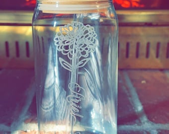 Engraved glass Libby tumbler with Birthflower and name, birthflower engraved tumbler, birthday month, glass tumbler,iced coffee tumbler