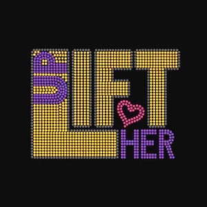 May include: Black graphic design with the words "SIFT HER" in a dot pattern. The letters are in yellow, purple, and pink, with a heart symbol in place of the "O" in "HER".
