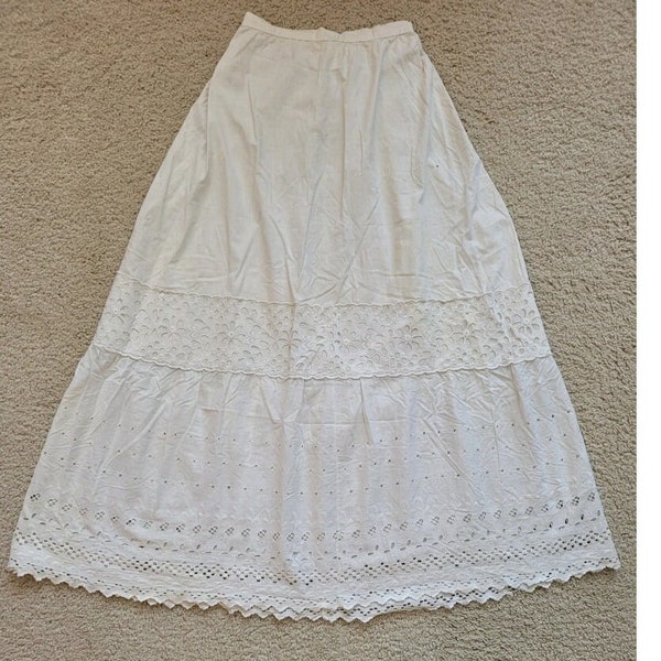 Authentic Early 1900's Antique White Edwardian Victorian Long Skirt 22" Waist XS