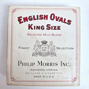 Scatola per sigarette vintage Philip Morris degli anni '60, ovali inglesi, king size, vuota