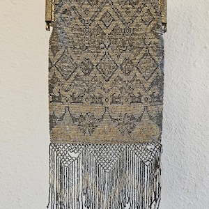 1920s Art Deco Nouveau French Cut Steel Beaded Evening Bag w/Fringe Chain Strap