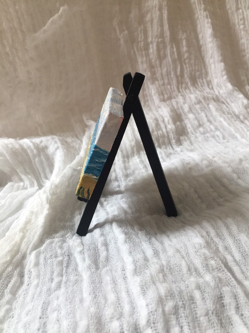 Tiny Ocean Front Oil Painting with Black Easel